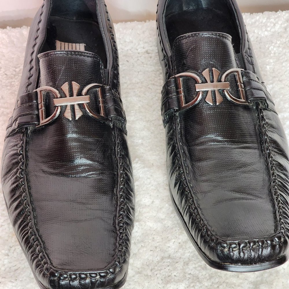 Bravo Leather Men's Size 8 Square Toe Dress Shoes with Hardware Black Slip Ons.